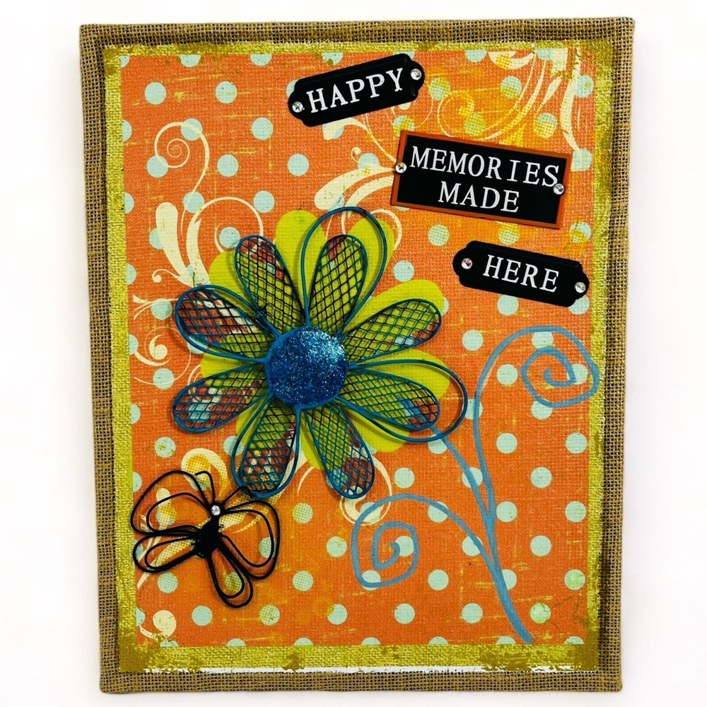 Mix Media Art on Burlap Canvas Painted 3D Metal Flower Wall Decor 15” H x 12” W
